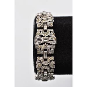 Crown Trifari Vintage Art Deco Rhinestone Bracelet Panel Silver Signed 50s BinBR